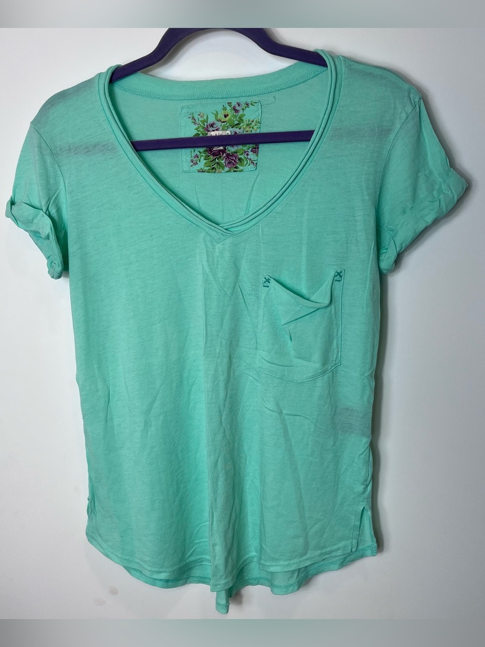 Anthropologie T.La Mint Green V-Neck Classic Pocket Short Rolled Sleeve Tee XS